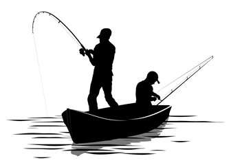 Family silhouettes. Father and son fishing in a boat. Vector illustration	
