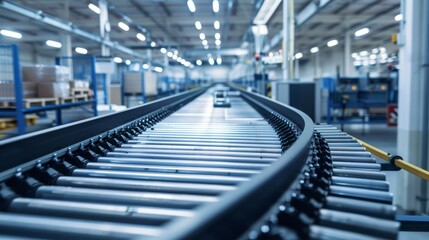 Empty conveyor belt in a factory hall, showcasing industrial equipment on a light background. Stock AI.