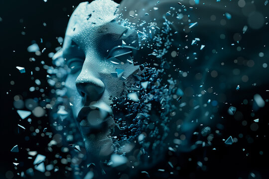 3d render of an artificial intelligence face made out light blue particles, the mask is half destroyed by floating geometric shapes that surround it, black background