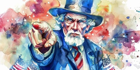 Patriotic cartoon Uncle Sam pointing to a bright future on Fourth of July, watercolor style. Culture, faith, hope, HD wallpapers, backgrounds, generated by AI.
