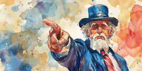 Patriotic cartoon Uncle Sam pointing to a bright future on Fourth of July, watercolor style. Culture, faith, hope, HD wallpapers, backgrounds, generated by AI.

