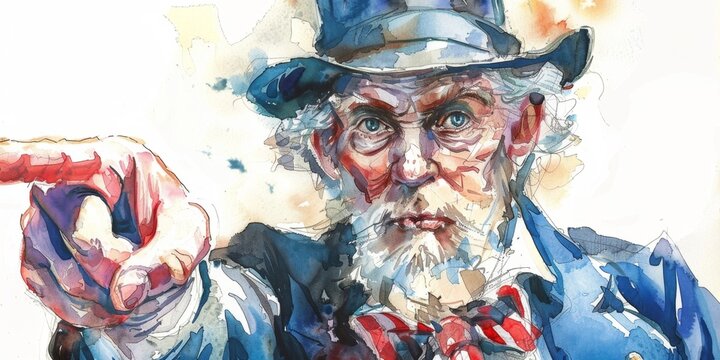 Patriotic cartoon Uncle Sam pointing to a bright future on Fourth of July, watercolor style. Culture, faith, hope, HD wallpapers, backgrounds, generated by AI.
