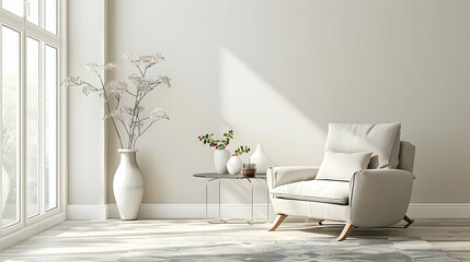 Modern living room featuring off-white walls, a taupe recliner, a glass side table, and decorative vases