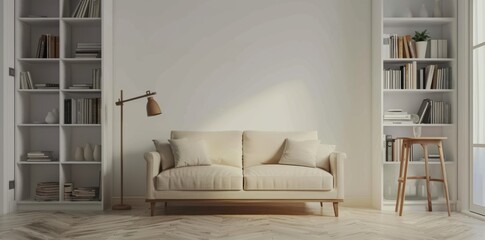 The interior of a living room is dominated by a white wall and a comfortable sofa