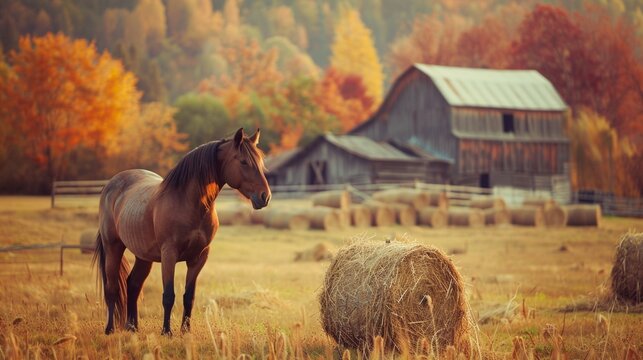 Horse in field in a farm with farm house in Autumn with colorful foliage