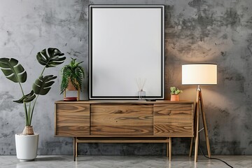 Interior of a modern living room with dark colors, vase, lamp, and blank canvas poster for advertising.