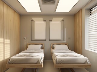 This mockup frame shows a stylish hospital room with a bed and drawer