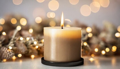Handmade soy candle and blurred Christmas garland. Merry Christmas and Happy New Year