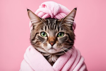 A Cat Is Wrapped In A Fluffy Pink Towel Against A Pink Background. Photo Of A Cat, Cat Photography, Cute Cat Photo, Cat Photo, Cat Design, Draped In Pink And Green Robes, Anthropomorphic Female Cat, A