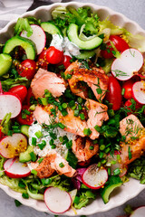 Pulled salmon spring  vegetables salad. .top veiw.selective focus