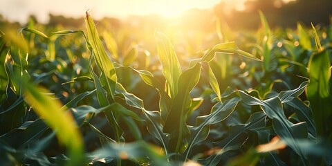 Golden sun shining on corn fields with ripe ears and lush green leaves swaying gently. Concept Nature, Agriculture, Sunlight, Harvest, Landscape