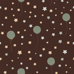 Seamless pattern. Vector illustration. Light background seamless pattern with multi-colored polka dots and balloons, stars. Muted colors. Small drawing. Lots of air. Trendy colors and style.