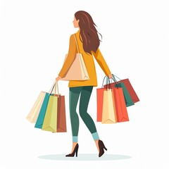 Flat vector illustration of beautiful woman shopping with shopping bag
