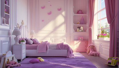 Girls' bedroom with a combination of pink, purple and white, beautiful wall hangings, bed blankets and pillows