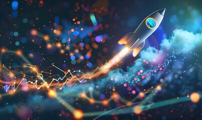 A sleek rocket soaring through a starry sky, trailing behind a vibrant chart depicting exponential growth