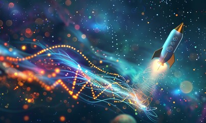 A sleek rocket soaring through a starry sky, trailing behind a vibrant chart depicting exponential growth