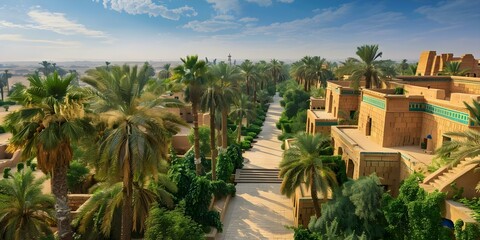 Fototapeta premium Ancient Hanging Gardens of Babylon Terraced gardens in presentday Iraq 6th century BCE. Concept History, Architecture, Gardens, Mesopotamia, Babylon