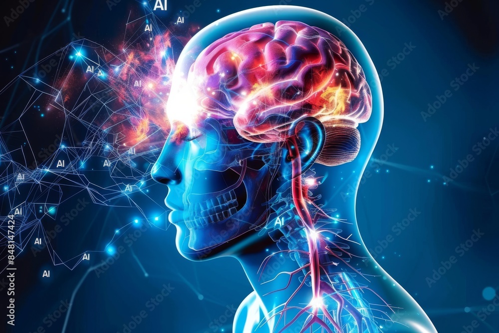 Aufkleber digital human head with glowing neural pathways and ai integration