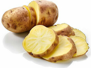 A bunch of potatoes with some of them cut in slices. Concept of abundance and freshness.