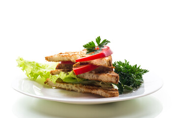 fried toast with chicken, salad, greens isolated on white background