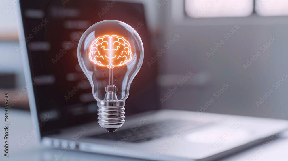 Poster glowing light bulb with a brain inside of it and a laptop computer, concept of solution and creative