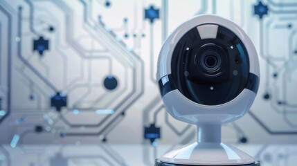 A futuristic home security camera with AI features, showcased against a clear background with subtle circuitry patterns, highlighting its advanced technology and sleek design. 