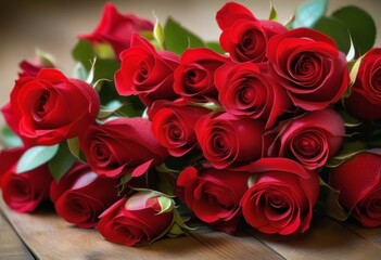 Obraz premium A bouquet of deep red roses in a vase on a table with a window in the background