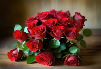 Obraz premium A bouquet of deep red roses in a vase on a table with a window in the background