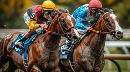 Frame the drama of a horse racing photo finish during a sandstorm, with the swirling clouds of dust obscuring the