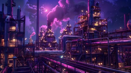 Night Refinery with Vibrant Lights and Complex Machinery