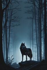 mysstical illustration, Silhouette of a wolf in a foggy dark fantasy forest