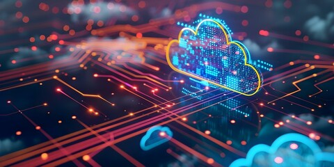 Cloud computing transfers data across global networks for remote digital processing. Concept Digital networking, Remote processing, Cloud technology, Global data transfer, IT infrastructure