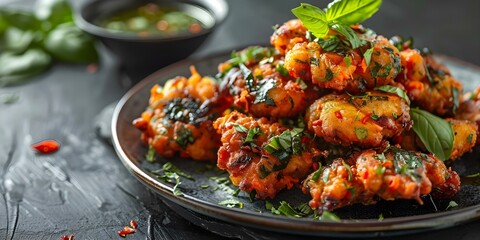 Side view of a plate stacked with various vegetable pakoras. Concept Food Photography, Indian Cuisine, Snack Time, Vegetable Fritters, Delicious Appetizer