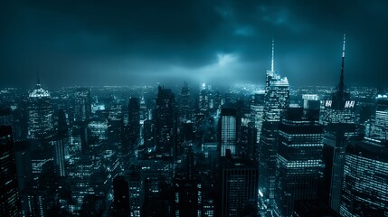 Obraz premium A captivating night cityscape with towering dark skyscrapers illuminated by cool blue lights under a moody, cloudy sky.