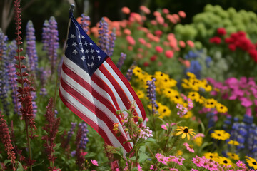 An American flag garden flag waving among colorful flowers on Independence Day, Generative AI