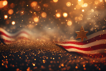 Fireworks exploding in a night sky with the American flag in the foreground, Generative AI