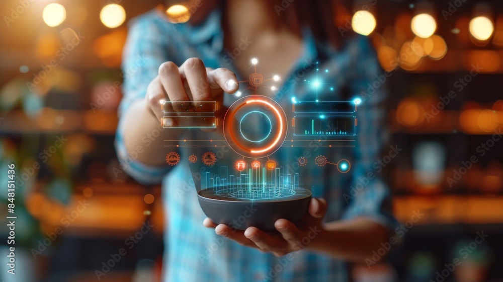 Poster holographic financial dashboard create an image of a businessman utilizing advanced touch technology