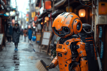 A robotic janitor, an outdated model with peeling paint, stands on the street in a poor neighborhood.