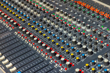 Closeup of audio mixer control panel