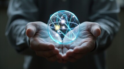 A man is holding a glowing sphere in his hand