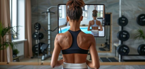 Naklejka premium Woman exercising in a home gym, doing a workout while looking in a mirror, with fitness equipment in the background.
