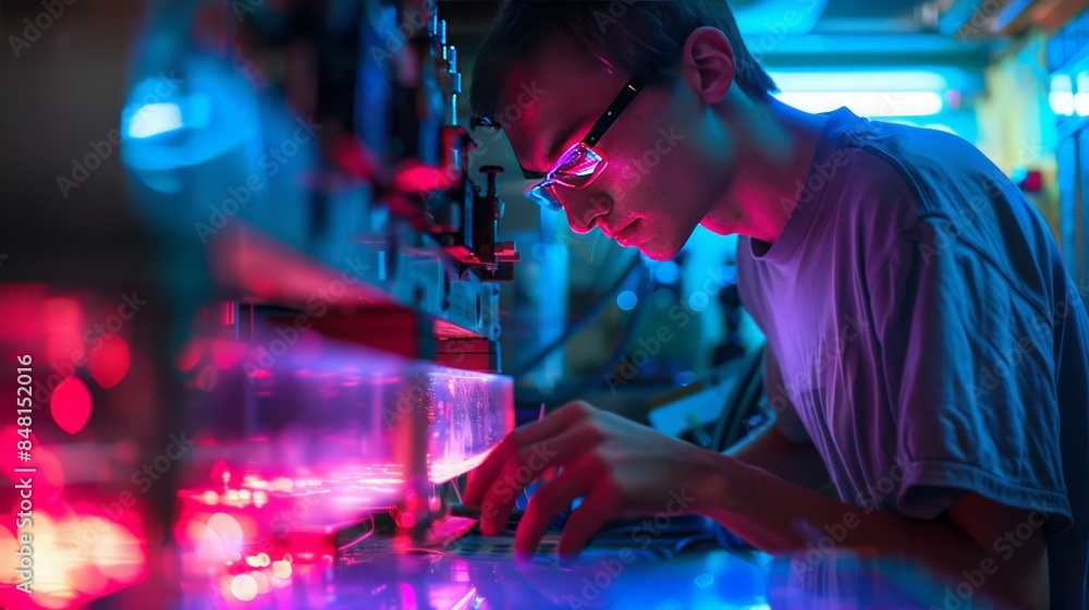Poster a physicist studies the wave-particle duality of electrons in a double-slit experiment.