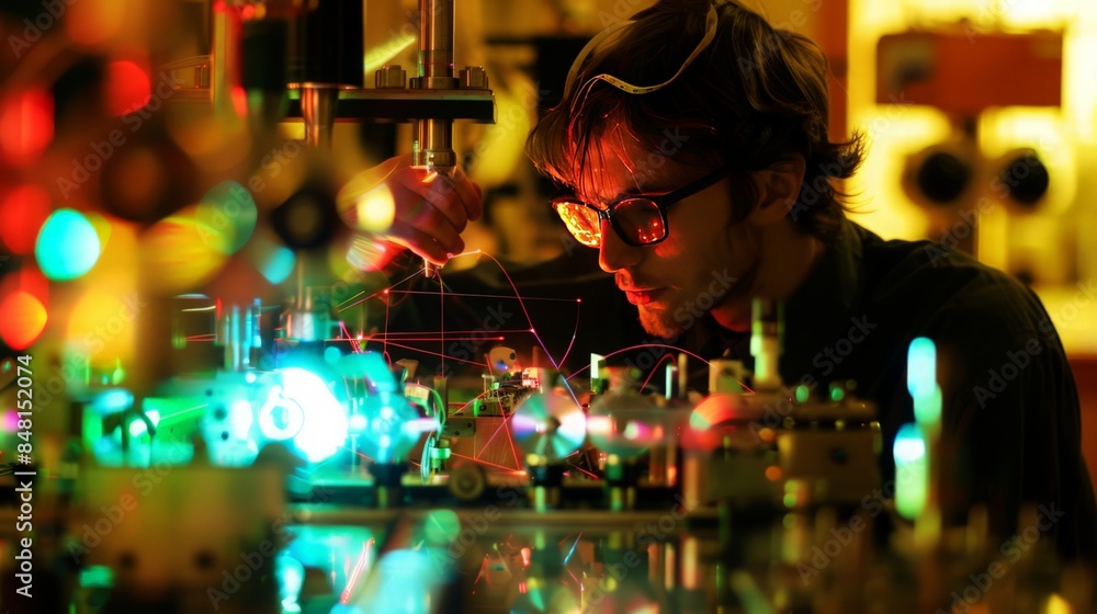 Poster a physicist studies the wave-particle duality of electrons in a double-slit experiment.