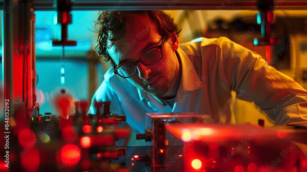 Poster a physicist studies the wave-particle duality of electrons in a double-slit experiment.