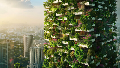 Obraz premium Vertical Forests: Constructing skyscrapers with integrated vertical gardens to improve air quality, reduce urban heat island effect, and increase biodiversity in cities