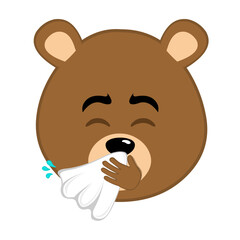 vector illustration face brown bear grizzly cartoon sneezing with a nose handkerchief