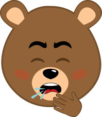 vector illustration face brown bear grizzly cartoon, coughing with your hand in your mouth