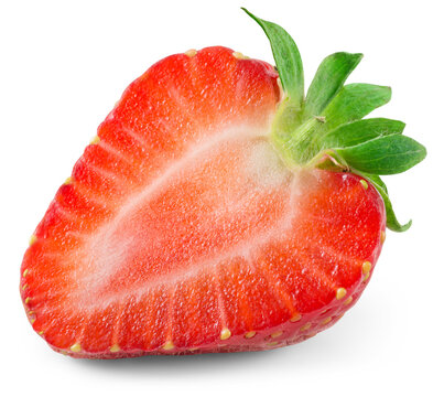 Strawberry half isolated png. Strawberry half top view on transparent background. PNG format. Strawberry slice with no background. Full depth of field.