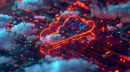 A futuristic cityscape with a large cloud in the background. The city is made up of many buildings and wires, and the cloud is a large, colorful object in the sky. Scene is one of excitement