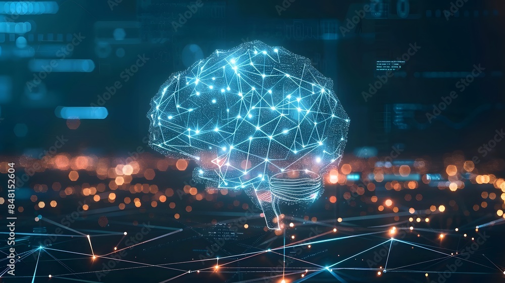 Aufkleber a brain with a lot of lines and dots surrounding it. the brain is blue and orange. the image is abst